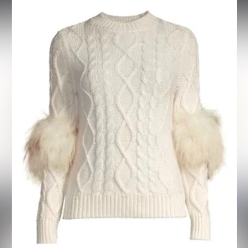 Elie Tahari Ivory Cable Knit Sweater with Plush Accents Real Fur On Sleeves